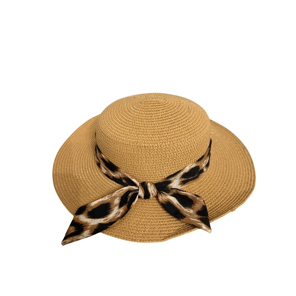 Marcus Adler New‎ York Tan Woven Sun Hat Leopard Print Bow Wide Brim Straw Style